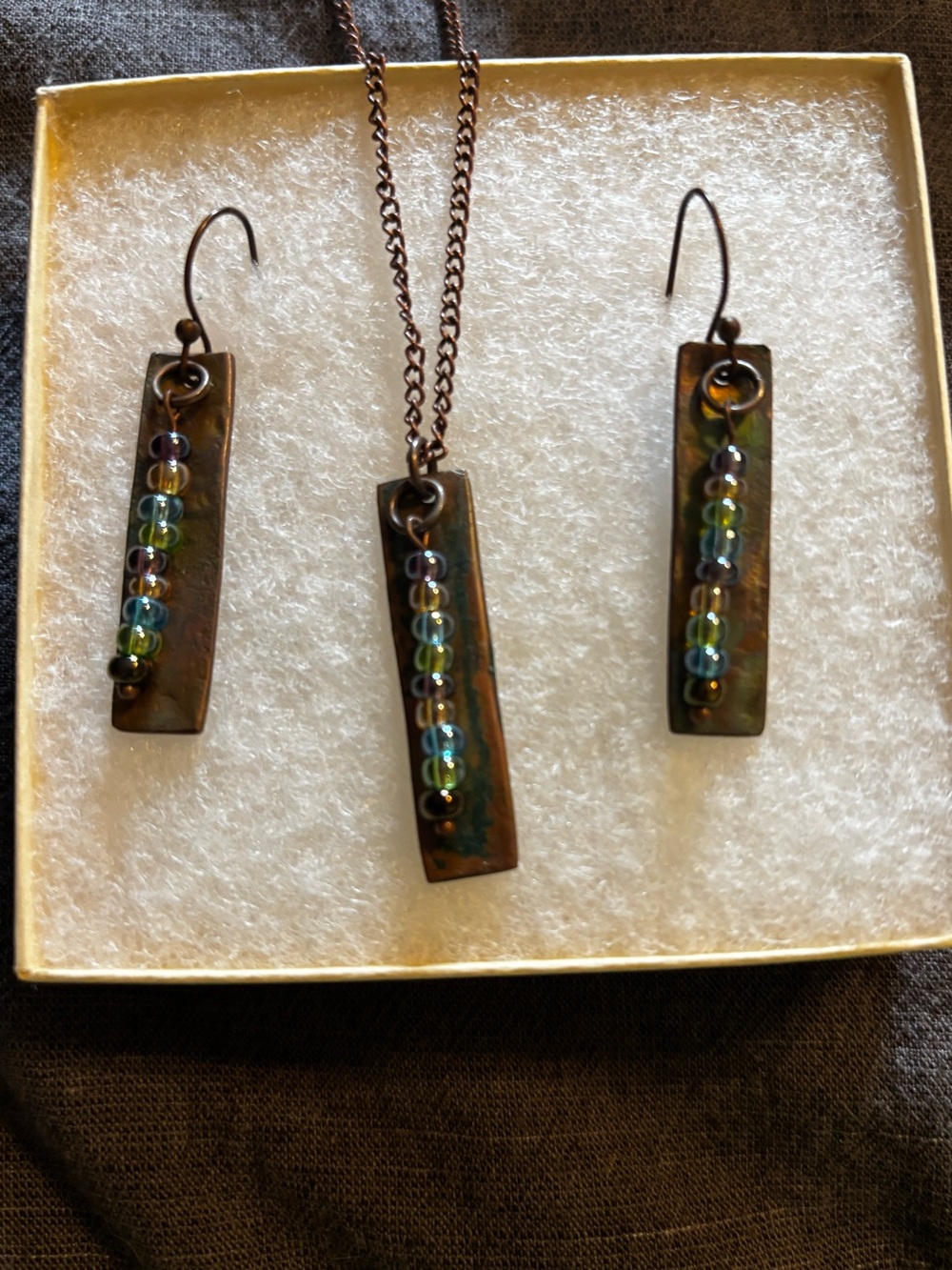 Artisan Copper Bar Necklace Earring Set Multicolor Glass Bead Boho Handmade